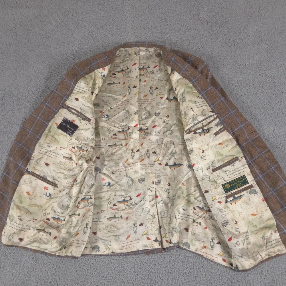 Loro Piana Blazer Mens 50R Top Shelf Favola Windowpane BeSpoke Fishing AOP Liner